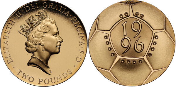 1996 UK FEC Gold-Proof 2-Pound Coin – Queen’s portrait and football design
